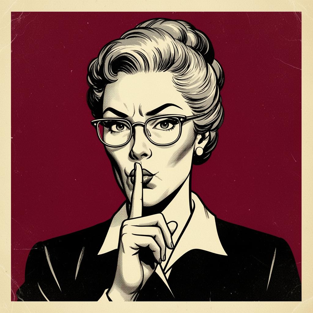 A vintage librarian shushing the reader